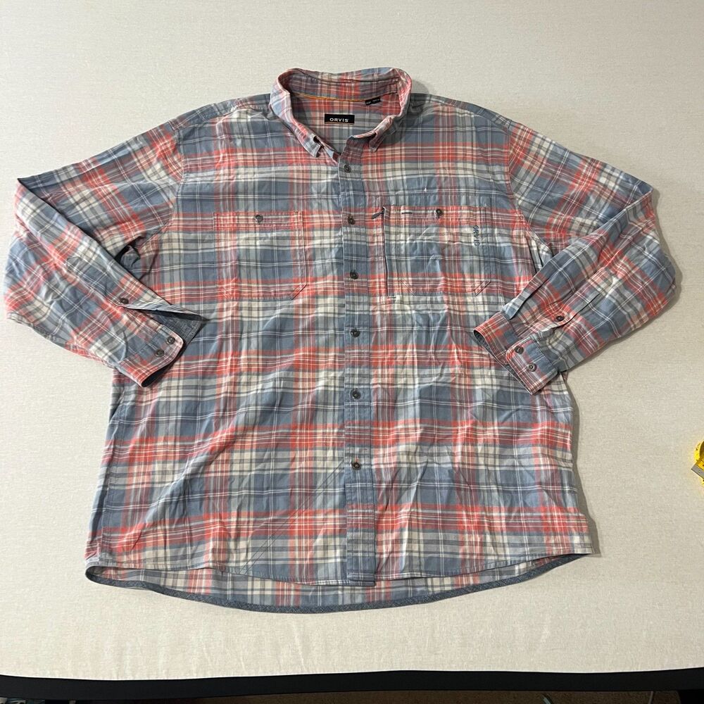 Orvis Mens XXL Plaid Outdoor Shirt Blue Red Long Sleeve Button Down Pockets